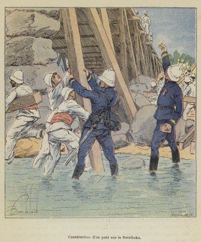 Bouw van een brug over de Betsiboka door after Louis Charles Bombled
