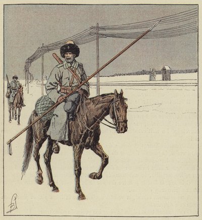 Kozakken van de Amur bewaken de spoorlijn van de Transsiberische spoorlijn door after Louis Charles Bombled