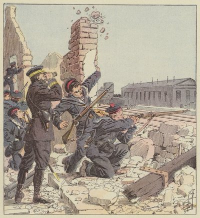 Verdediging van het station van Tien-Tsin door de mariniers door after Louis Charles Bombled