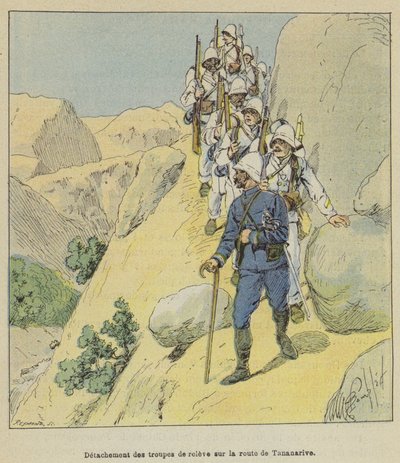 Detachering van troepen op weg naar Tananarive door after Louis Charles Bombled
