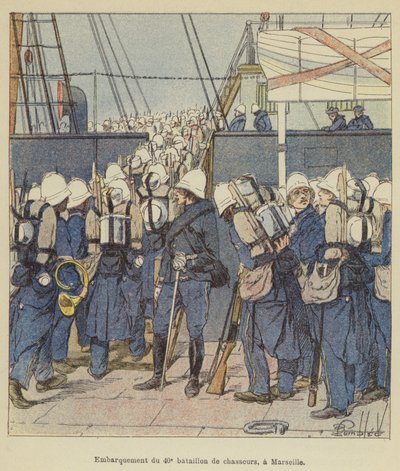 Inscheping van het 40e bataljon jagers in Marseille door after Louis Charles Bombled