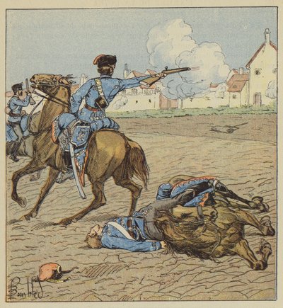 Pruisische huzaren bij de aanval op een dorp door after Louis Charles Bombled