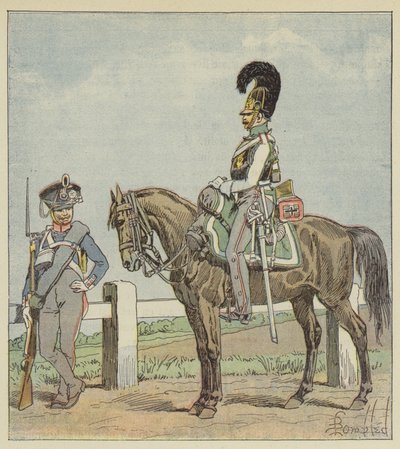 Pruisische lijninfanterie (42e reg) en Pruisische kurassier (1806) door after Louis Charles Bombled