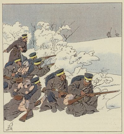 Japanse infanterie in velduniform in de winter door after Louis Charles Bombled