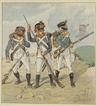 Jonge garde, 1806, Rekruut-grenadier, Tirailleur-grenadier, Flanqueur-jager door after Louis Charles Bombled