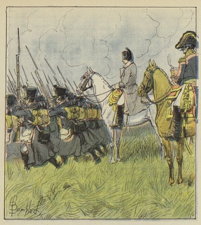 De Keizer aanschouwt zijn rekruten in de slag door after Louis Charles Bombled