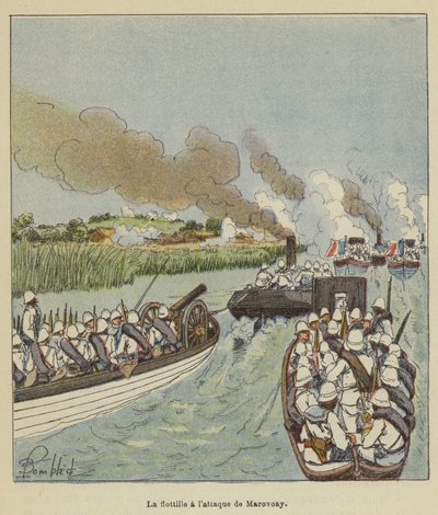 De vloot in de aanval op Marovoay door after Louis Charles Bombled