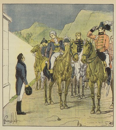 Admiraal Taylor, met een groot staf, komt naar Longwood om de Keizer te zien door after Louis Charles Bombled