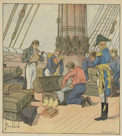 De Engelse admiraliteit maakt de inventaris van Napoleons bagage door after Louis Charles Bombled