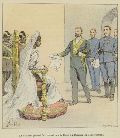De Resident-Generaal maakt de Koningin de beslissingen van de regering bekend door after Louis Charles Bombled