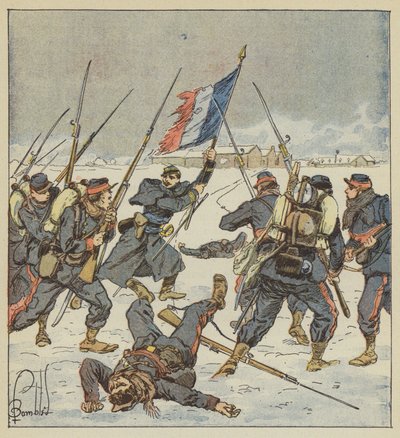 Kapitein Couturie van de mobiele troepen van Sarthe stormt met de vlag in de hand de aanval op Le Mée in door after Louis Charles Bombled