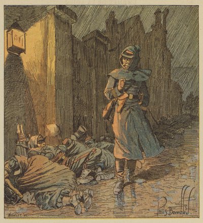 Kolonel de Bourgoing loopt door de straten van Cerdon waar zijn soldaten in de regen slapen door after Louis Charles Bombled