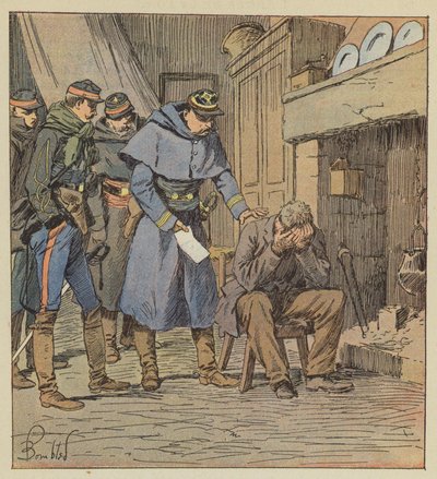 Commandant Safflet geeft boer Blanchet een bon van 875 francs op de kas van het korps door after Louis Charles Bombled