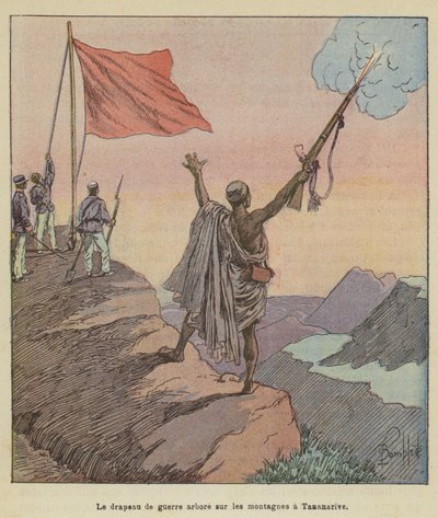 De oorlogsvlag gehesen op de bergen in Tananarive door after Louis Charles Bombled