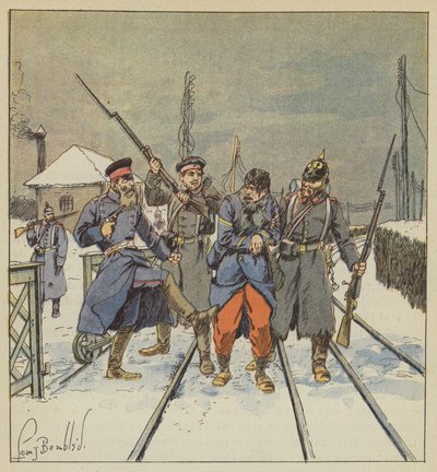 De fourrier Papot, gewond en gevangen genomen, wordt schandelijk geslagen door een Pruisische officier door after Louis Charles Bombled