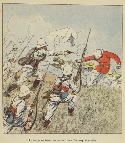 Luitenant Grass doodt een Hova-leider met een revolverschot door after Louis Charles Bombled