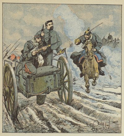 De sergeant Dufresne verdedigt zich met een revolver tegen de Pruisische ruiters door after Louis Charles Bombled