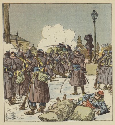 De gendarmes te voet van generaal Bourdillon verdedigen de oversteek van de Huisne door after Louis Charles Bombled