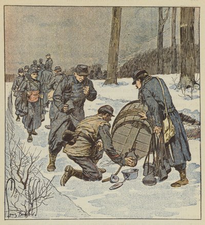 De mariniers vullen hun veldflessen met rum uit een vat door after Louis Charles Bombled