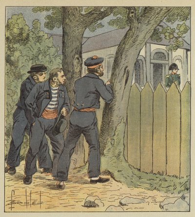 De soldaten van de Northumberland verbergen zich achter bomen om Bonaparte te zien door after Louis Charles Bombled