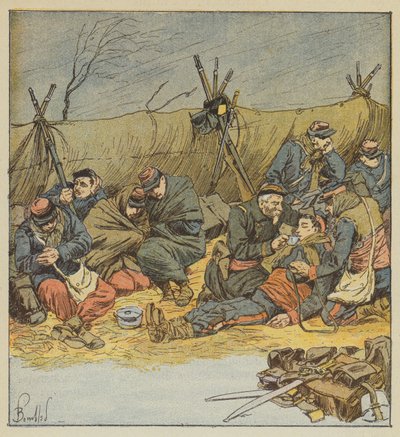 De soldaten, die niet langer in de tent kunnen blijven, improviseren schuilplaatsen door after Louis Charles Bombled
