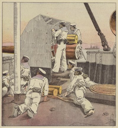 Japanse matrozen beschieten de Chinese vloot bij de Yalou door after Louis Charles Bombled