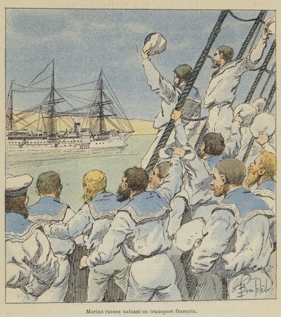 Russische matrozen groeten een Frans transport door after Louis Charles Bombled