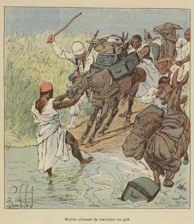Muilezels weigeren een doorwaadbare plaats over te steken door after Louis Charles Bombled