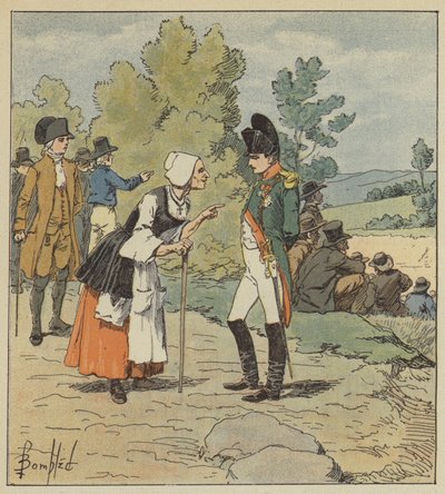 Napoleon praat met een oude vrouw uit Tarare door after Louis Charles Bombled
