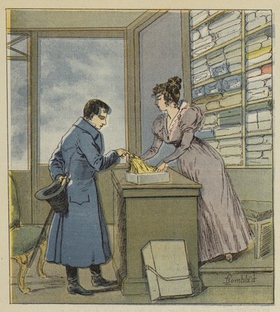 Napoleon vermomd in een winkel in de rue Saint-Denis door after Louis Charles Bombled