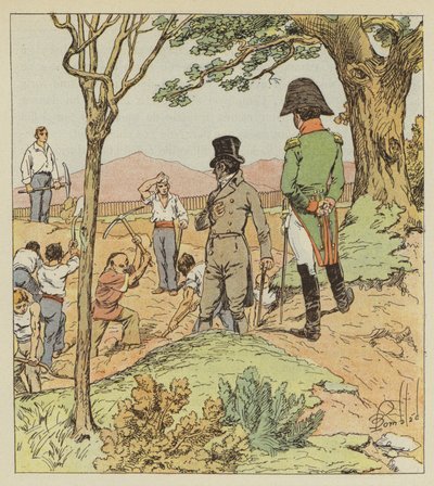 Napoleon onderzoekt de fortificaties die de Gouverneur laat bouwen rond Longwood door after Louis Charles Bombled