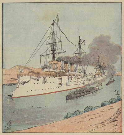 Russische oorlogsschepen in het Suezkanaal door after Louis Charles Bombled
