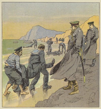 Berging van de lichamen van de matrozen van de Petropawlosk door after Louis Charles Bombled