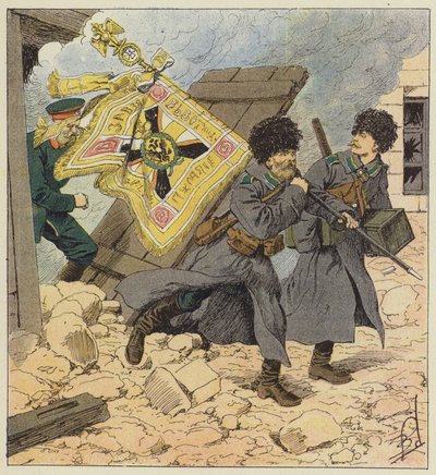 Redding van de vlag tijdens het bombardement van Vladivostok door after Louis Charles Bombled