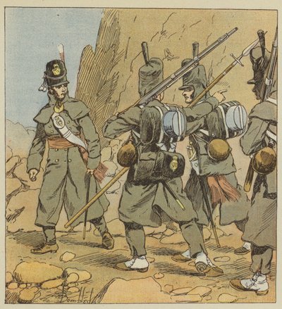 Engelse soldaten van het 1e regiment van de voetwacht, in marskleding, Spanje, 1814 door after Louis Charles Bombled