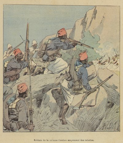 Soldaten van de Combes-kolonne verrassen rebellen door after Louis Charles Bombled