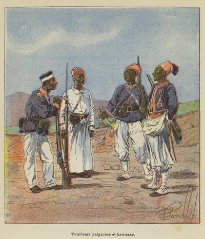 Malgasische en Hausa-soldaten door after Louis Charles Bombled