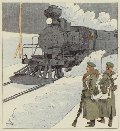 Militaire trein op de Transsiberische spoorlijn door after Louis Charles Bombled