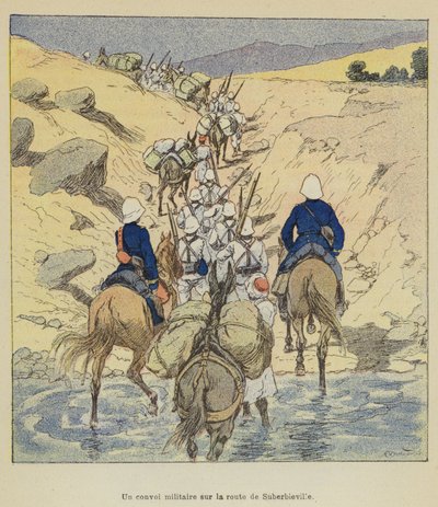 Een militair konvooi op de weg naar Suberbieville door after Louis Charles Bombled