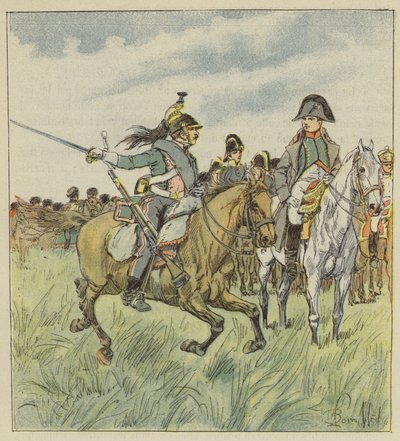 Een dragonder waarschuwt de Keizer voor het verraad van een van zijn generaals door after Louis Charles Bombled