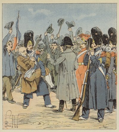 Een grenadier van Elba brengt Napoleon zijn negentigjarige vader in zijn armen door after Louis Charles Bombled