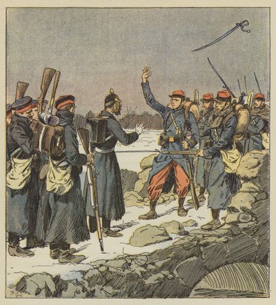 Een Duitse officier geeft zijn zwaard terug aan een Franse korporaal die het in de wind gooit door after Louis Charles Bombled