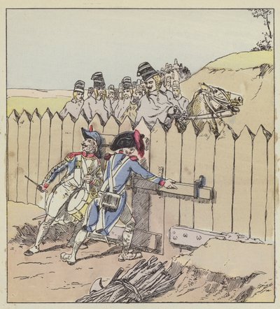 Een sergeant van het garnizoen van Saint-Georges herkent de Oostenrijkse huzaren aan hun nieuwe mantels door after Louis Charles Bombled