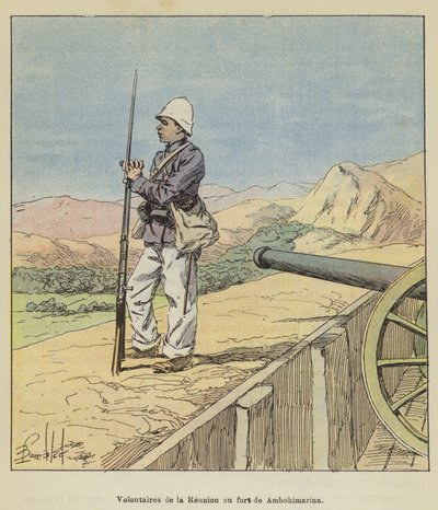 Vrijwilligers van Réunion in het fort van Ambohimarina door after Louis Charles Bombled