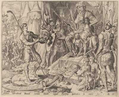 David met het Hoofd van Goliath voor Saul door after Maerten van Heemskerck