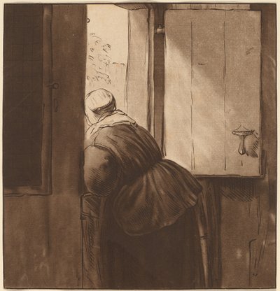 Vrouw leunend over een lagere deur door after Nicolaes Maes Cornelis Ploos van Amstel
