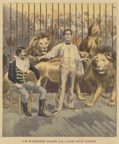 Een barbier in de leeuwenkooi door after Oswaldo Tofani