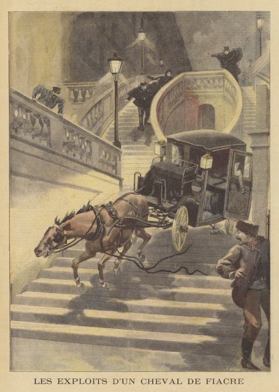Een paard trekt een koets een trap af in Parijs door after Oswaldo Tofani
