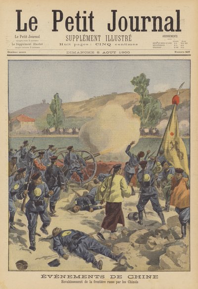 De Bokseropstand: Chinese troepen vuren over de Russische grens bij de stad Blagoveskchensk door after Oswaldo Tofani