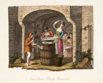 Napolitanen Eten Macaroni, uit Italiaanse Scènes, die de Manieren, Gewoonten en Amusementen van de verschillende Staten van Italië vertegenwoordigen, uitgegeven 1806 door after P. van Lerberghi